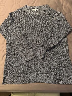 LOFT Marled Gray Crewneck Sweater with Shoulder Buttons